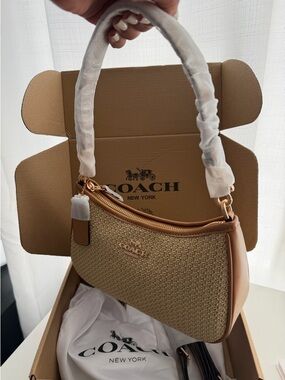 Coach Teri Straw-Weave Shoulder Bag in Natural and Light Brown